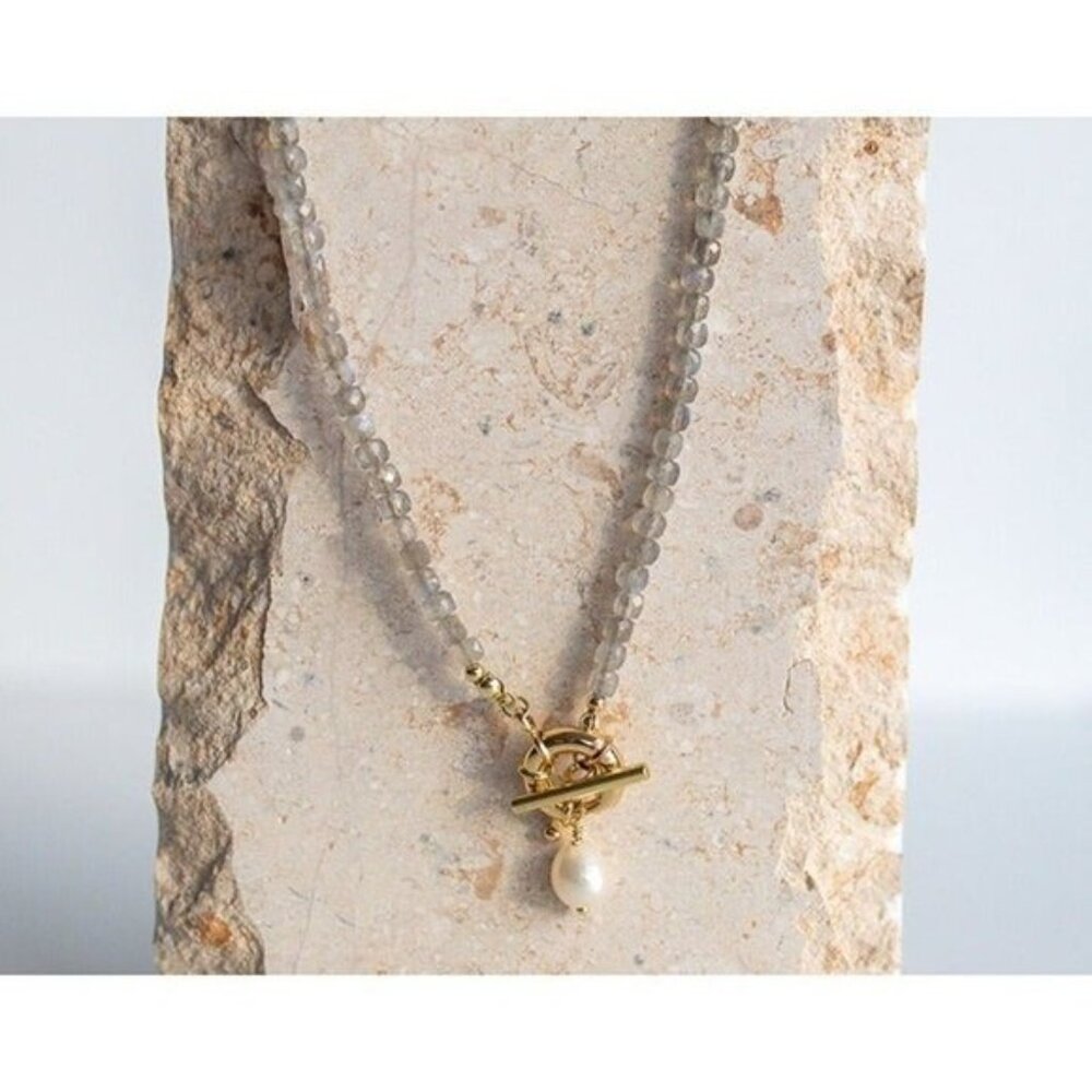 Labradorite Beaded Necklace Gold Toggle Clasp Pearl Pendant Waterproof Jewelry - Picture 13 of 13